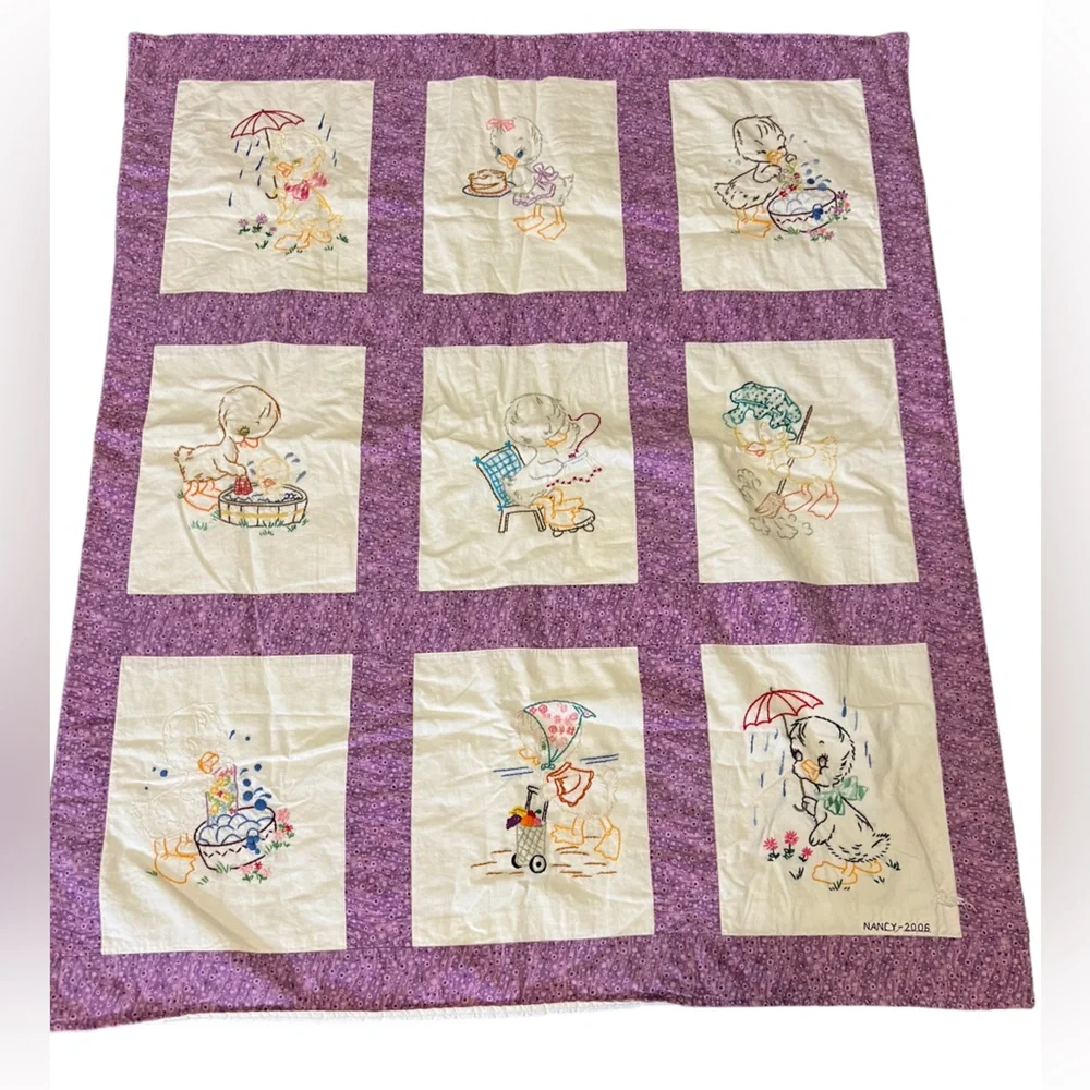 Handmade purple embroidered duck Quilt